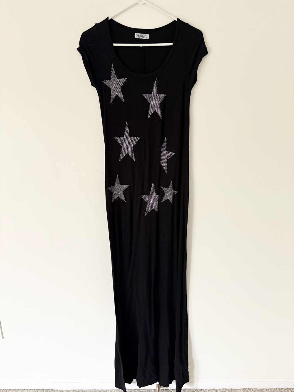 Lauren Moshi Black Scribble Star Design Short Sleeve Tencel Maxi Dress Small
